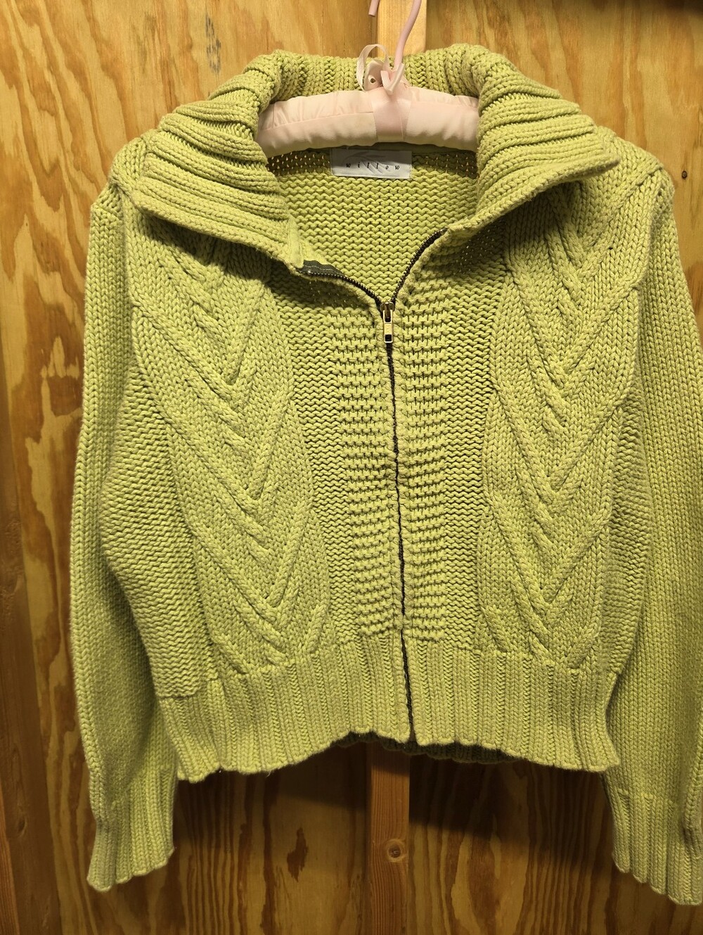 Willow Green Cable Knit Full Zip Cardigan Sweater Chunky Cropped Mock Neck